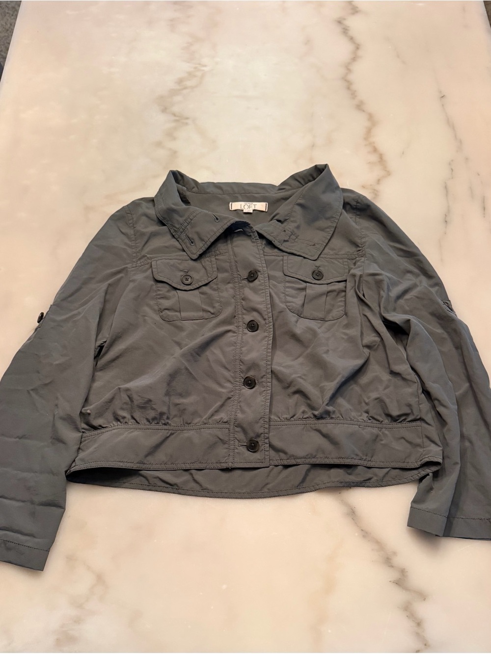 LOFT Charcoal Button-Front Cropped Utility Jacket